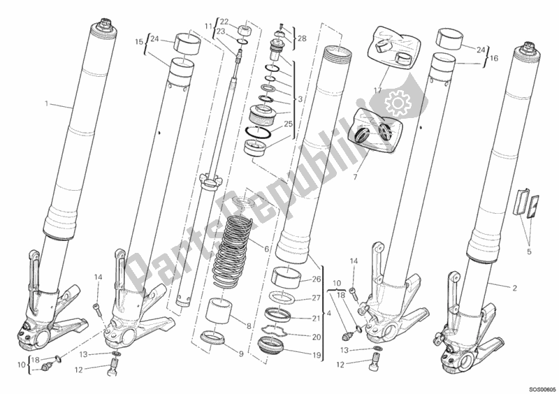 All parts for the Front Fork of the Ducati Diavel Carbon USA 1200 2011